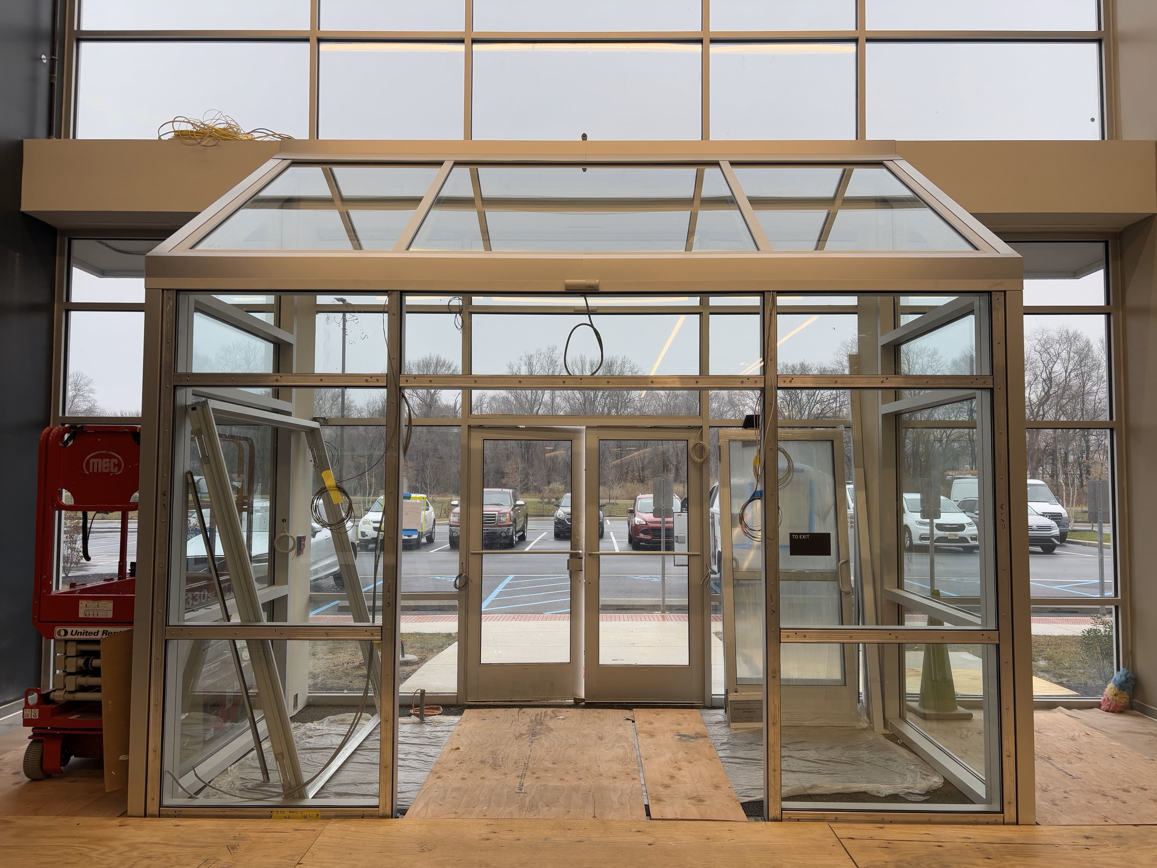 Industrial warehouse storefront entrance with commercial glazing