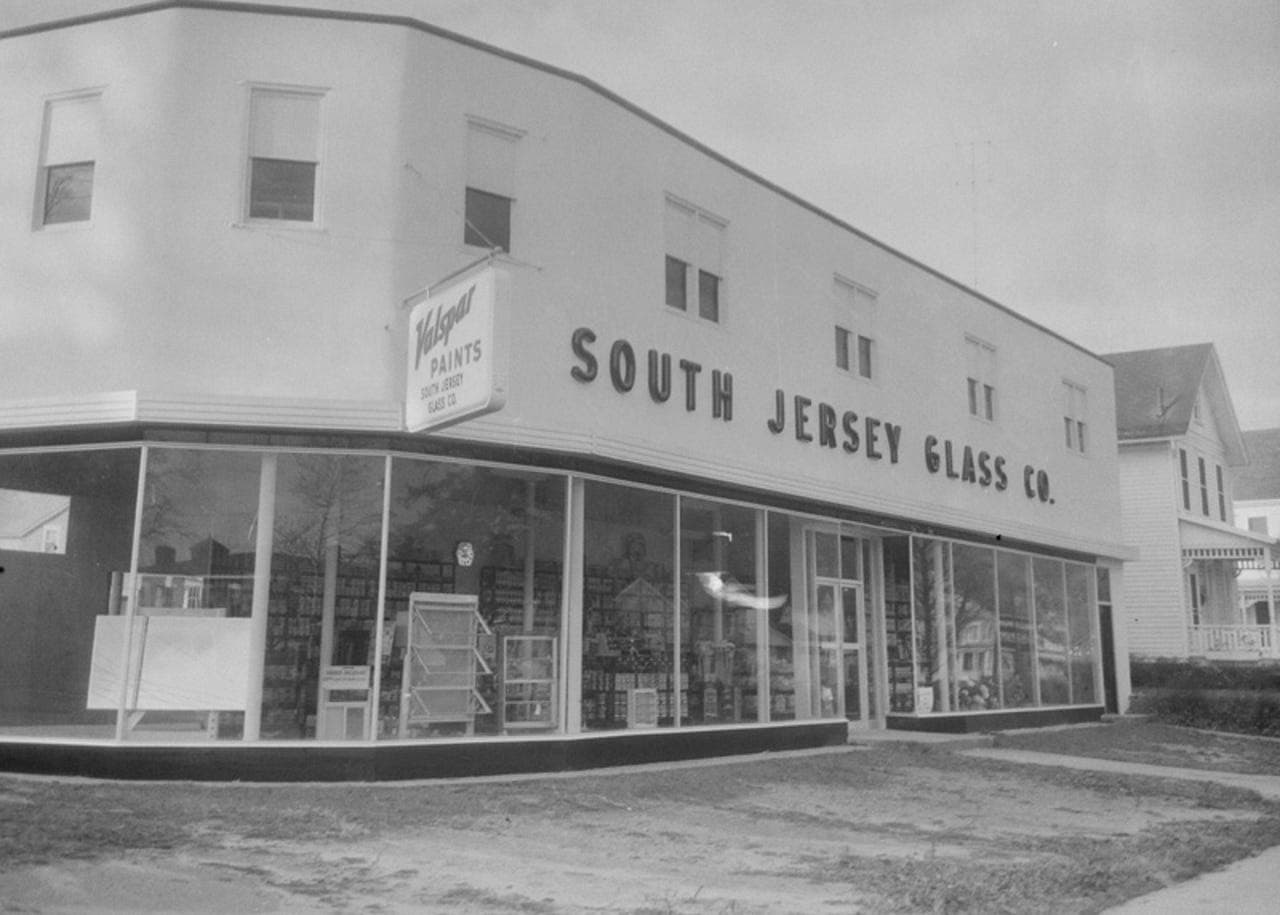 A black and white photo of South Jersey Glass & Door's first location - photo dates back to 1954.